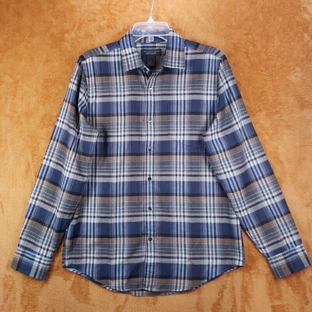 BLOOMINGDALES Mens Shirt Medium Blue Plaid Button Up Flannel Casual Pocket